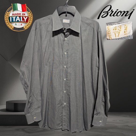 Brioni 43/17 Tailored Fit 100% Cotton Made in Italy Gray Micro-Check Dress Shirt - Picture 3 of 5